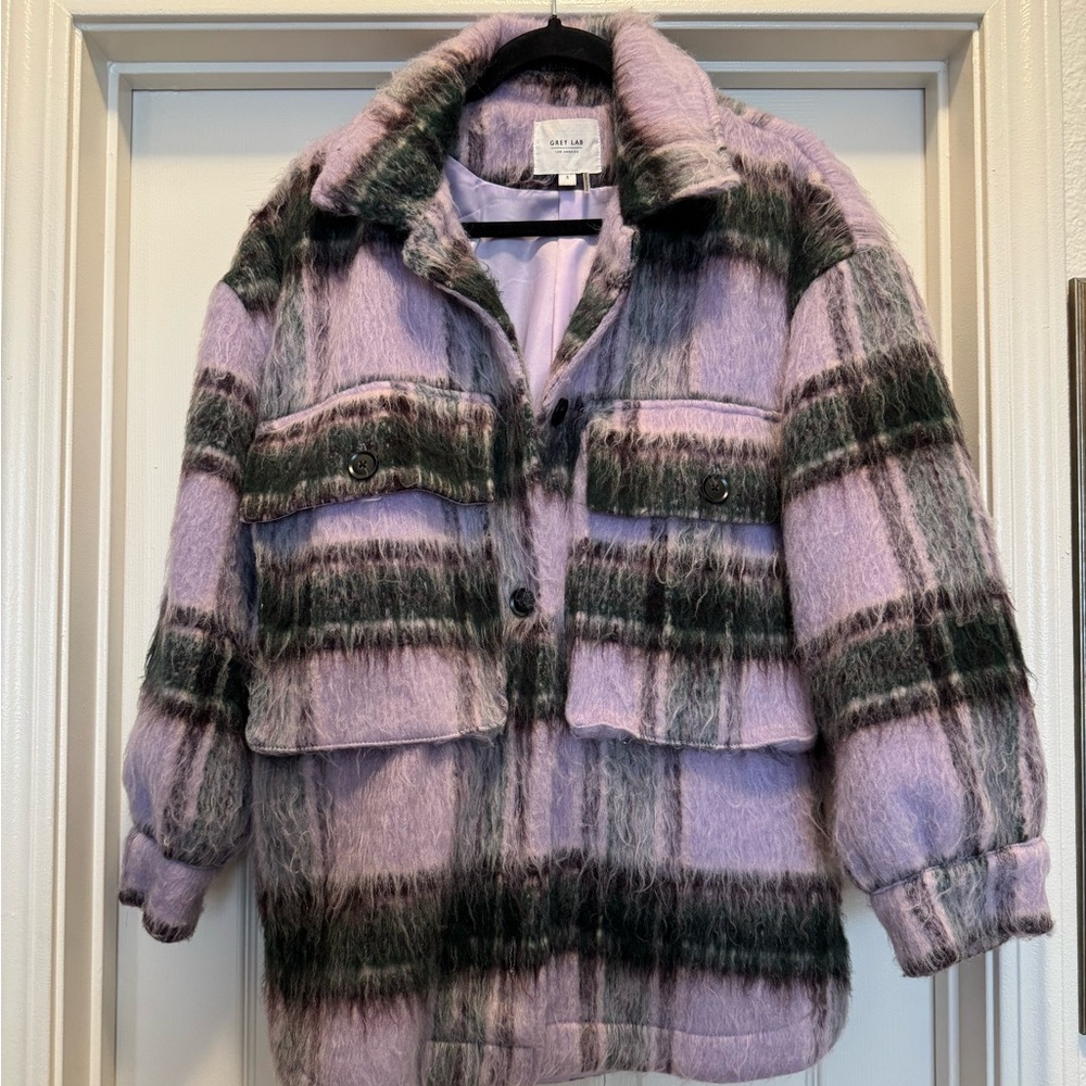 Plaid Wool-Blend Jacket in Purple and Green